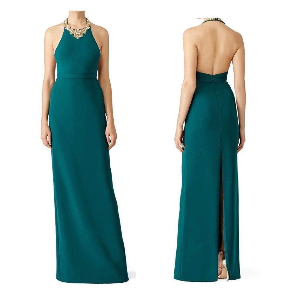 Marchesa Notte Green Beaded Crepe Gown Dress